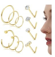 FIOROYAL 10Stück 14K Gold Gefüllt Nasenpiercing 20G L Form Nasenpiercing Stecker Chirurgenstahl Klein Fake Nasenring Piercing Set Nasenstecker Gold Nostril Piercing Schmuck