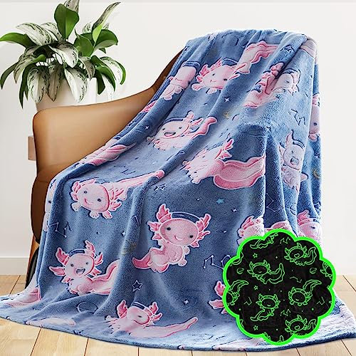 GEULAY Axolotl Decke, leuchtet im Dunkeln, Salamander-Decke, weich, Rosa, Axolotl-Geschenke, Kinder, Blaue Decke