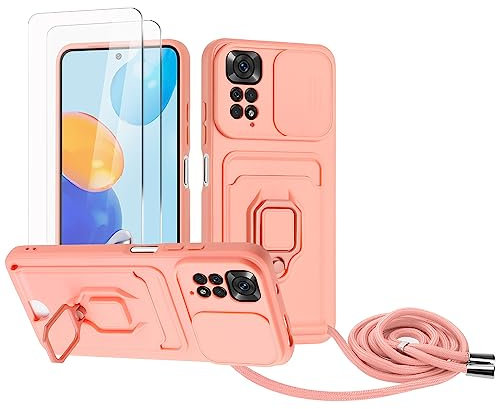 Zallagre Funda con Cuerda Compatible con Redmi Note 11 4G/Note 11S(6.43),[2 Packs Cristal Templado],Ranura para Tarjetas,Cubierta de Cámara Deslizante Proteger,360 Anillo Soporte-Rosa
