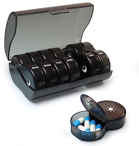 Pillendose 7 Tage Uhr (zweimal am Tag) wöchentliche Pillendose mit feuchtigkeitsfestem Design (schwarz)