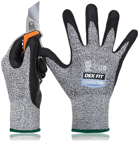 DEX FIT Cru553 Thin 15-gauge Level 4 Cut Resistant Gloves, Firm Grip, 3D-Comfort Fit, Lightweight & Durable, Touchscreen Compatible for Precision Assembly; Grey M (8) 3 Pair