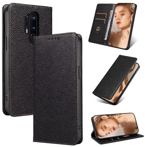 GoodcAcy Handyhülle für OnePlus 8 Pro Hülle Dermis Leder，Premium PU Schutzhülle Klappbar，[RFID Anti-Diebstahl Schutz], Magnetisches Flip Case für OnePlus 8 Pro - Schwarz