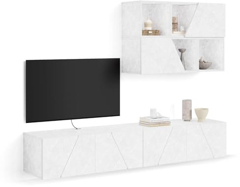 MOBILI FIVER, Wohnzimmerwand Emma 5, Weißer Beton, 208x44x160 cm, Made In Italy