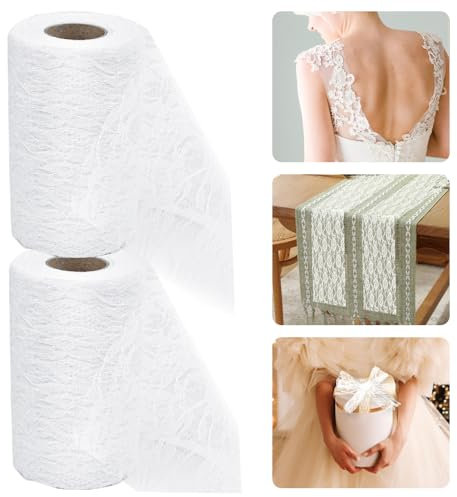 LPAMABA 2 Rollen 15cmx20cm Tischläufer Spitze Tischband Weiß Tischdeko für Hochzeit Taufe Festliche Dekoration Gebutstag Party
