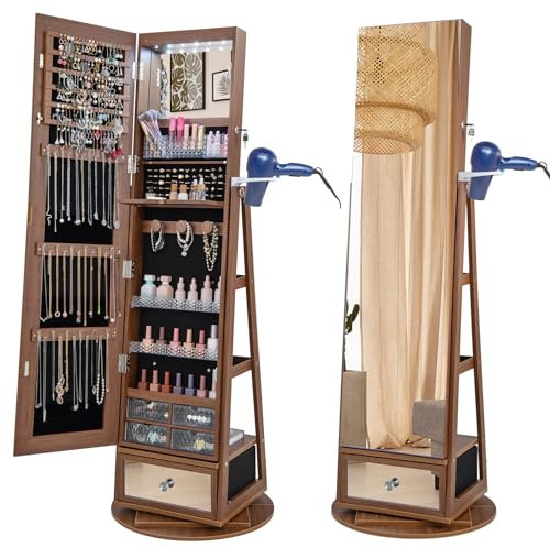 GOPLUS Armoire à Bijoux avec Miroir sur Pied, 4 en 1 Armoire à Bijoux Pivotante à 360, Lumière LED, Support pour Sèche-Cheveux, Miroir Pleine Longueur, Rangment de Bijoux pour Chambre (Noyer)