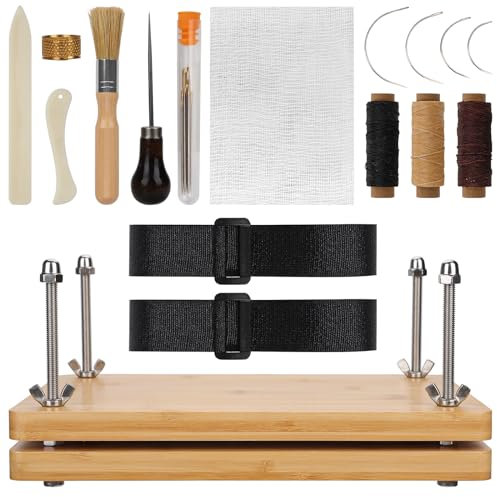 22st Buchpresse Set, Buchpresse Holz Tragbar Buchpress Werkzeug Buchbinderei Maschine mit Bindetuch Knochen Falznadeln Wachsschnur Ahle Fingerhut Ring Leim Bürstenbänder für Das Buchbinden