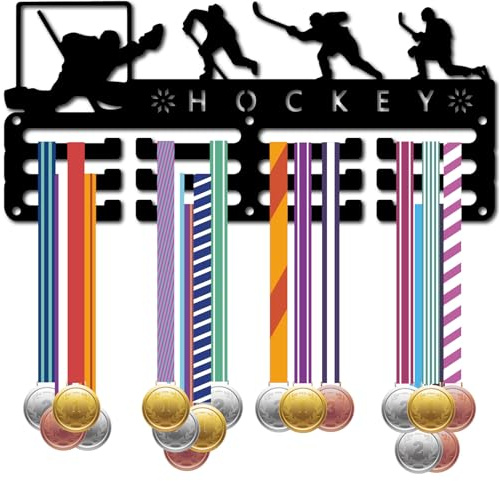 CREATCABIN Hockey-Medaillenaufhänger,Medaillenhalter,Sportregal,Rahmen,Eisen Aufhängen Auszeichnungen,Kleine Wandhalterung,Medaillenhaken,Organizer Zum Aufhängen,Eishockeyspieler,29x13cm,Schwarz