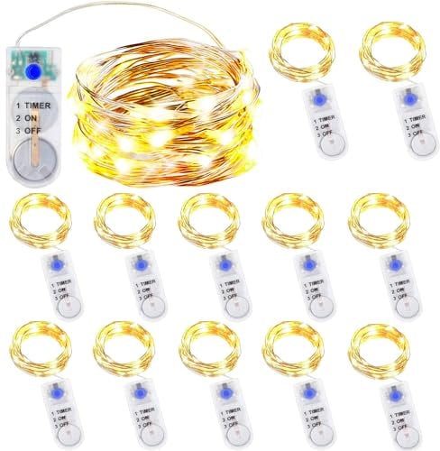 DALMALIN 12er-Pack Lichterketten mit Timer, Batterie Kupfer Drahtlichterkette 2M 20 LEDs Lichterketten Weihnachten Batteriebetrieben Wasserdichte Lichter Flasche,Innen, Außen,DIY Dekoration, Warmweiß