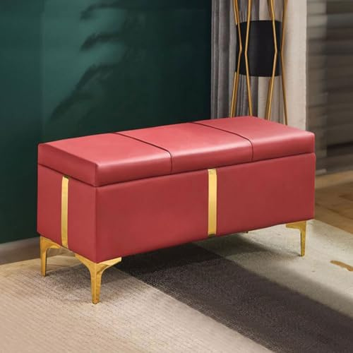 Shally Dogan Premium-Sitzbank mit Bezug aus Kunstleder, modernes Design, luxuriös, mit Füßen und Details aus goldfarbenem Metall, Fußhocker für Schlafzimmer, Wohnzimmer, Rot