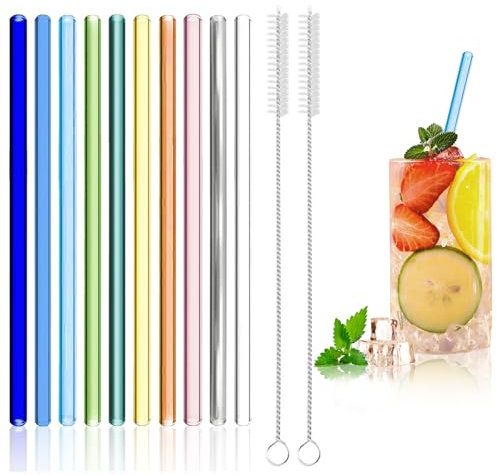 10 Stück 200mm Glasstrohhalme Wiederverwendbar, LFGB Zertifiziert Mehrfarbig Gerade Glas Strohhalme mit 2 Reinigungsbürsten BPA-frei Glasstrohalme für Cocktails Smoothie und Säfte