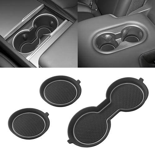 SENSHINE Cup Holder Inserts Liners for Tesla Model 3 Accessories 2021-2023 for Model Y 2025 2021-2024 Center Console Cup Holder Coasters Protector Mats Pads 3D Silicone 3Pcs (Gray Trim)