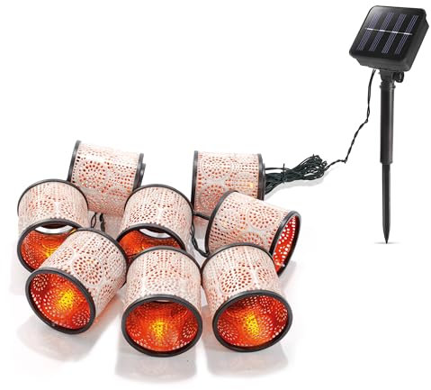 Esotec Solar Laternen Lichterkette Marokko, 2 Meter, altweiß-kupfer, 8 LEDs warmweiß, Akku, Solarmodul, Erdspieß, mediterran, Dekolichterkette, Kunststoff, außen, wetterfest, 102804