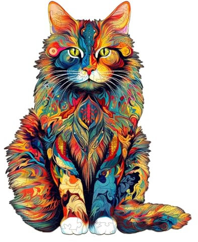 Wooden Jigsaw Puzzle - Unique Shaped Animal Wood Puzzles | Maine Coon Cat Wooden Puzzles For Adults | Colorful Wooden Cat Puzzles | Unique Cat Shaped Wooden Puzzles For Family Friend