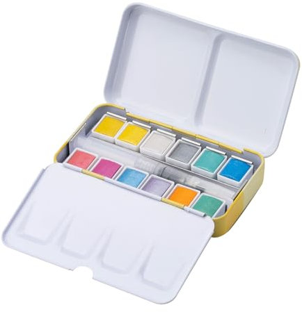MEEDEN Metallic Watercolor Paint Set : 12 Colors Travel Watercolor Set with Brush in Half Pans - Portable Watercolor Paints for Adults & Artist