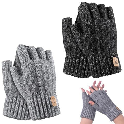 2 Paar Handschuhe ohne Finger, wärmeisolierend, gestrickt, für den Winter, für Outdoor-Aktivitäten, Dunkelgrau und Grau, Dunkelgrau, Grau, Einheitsgröße