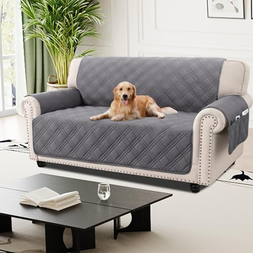 H.Versailtex 100% Waterproof Sofa Covers Couch Cover for Living Room Washable Seat Covers with Side Pocket Pet Couch Cover Protector (Oversize 2 Seater, Grey)
