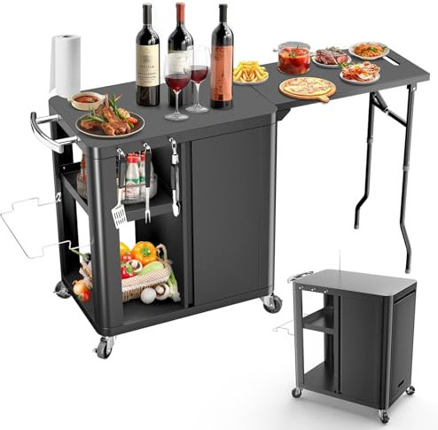Carrello da tavolo per barbecue da esterno con contenitore, piano di lavoro espandibile (147 x 61 cm) per piastra Blackstone, forno per pizza, carrello da bar, isola modulare per cucina esterna per