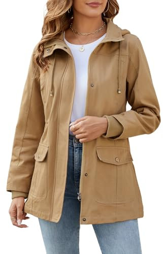 Tuopuda Veste Printemps Femme Parka Mi Saison Multi-Poches à Manches Longues Saharienne Manteaux à Capuche Fermeture Éclair Vêtement d'extérieur Coupe-Vent Idee Cadeau, kaki, L