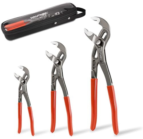 HAUTMEC 3 PCS Water Pump Pliers Set(180mm & 250mm & 300mm), Fast Adjustable Tongue and Groove Joint Pliers Tool Set,V-Jaw with Comfort Grips, Plier Rust-Proof CRV Steel Construction for Plumbing