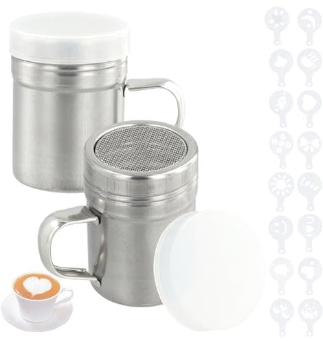 Flour Shaker, 2 Pcs Icing Sugar Salt Shaker, Stainless Steel Chocolate Shaker with Handle, Powder Shaker with 16 Mocha Moulds for Baking, Cooking, Cappuccino, Cocoa, Mince Pies, Pancakes