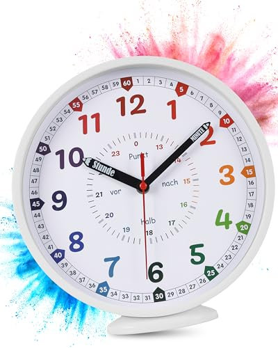 LATENO - Wanduhr Kinder Uhr Weiß - Bunte Wanduhr Kinderzimmer lautlos - Lernuhr Kinder ohne Tickgeräusche - Analoge Kinderwanduhr für Jungen & Mädchen - Kinderuhr zum Lernen - Kinderzimmer Uhr lautlos