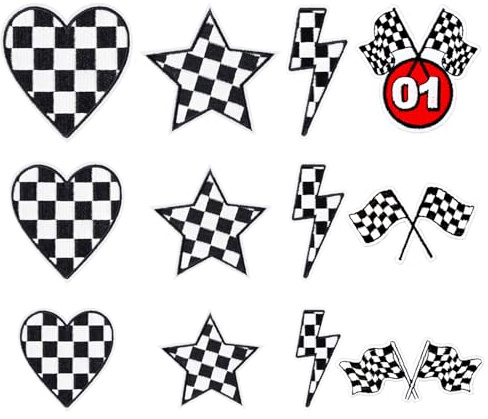 12Pcs Black and White Checkered Iron on Patches Racing Embroidered Applique | Classic Racing Heart Star Checkered Flag Lightning Bolt Sew on Patches DIY Accessories Gifts for Clothing Backpack Hat