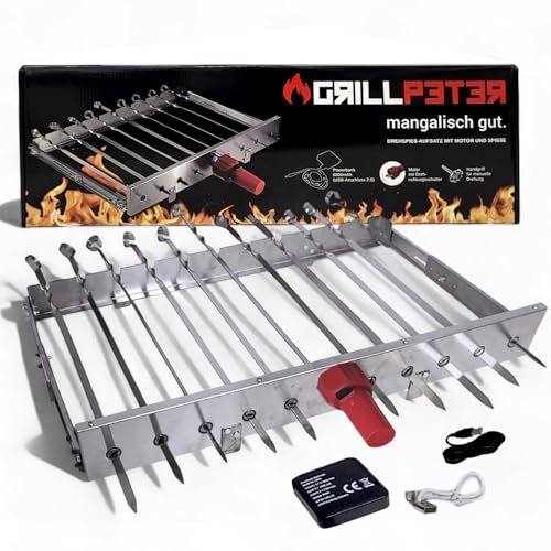 Grillpeter Schaschlik Spießdreher aus Edelstahl, Motor mit Powerbank Spieße für Mangal (für 9 Spieße)