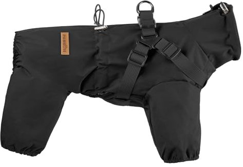 PAWBOSE Hunderegenmantel mit Geschirr für kleine und mittlere Hunde, verstellbare wasserdichte Hunderegenjacke, reflektierender regenfester Welpe 4 Beine Regenmantel Schwarz, 2XL