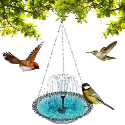 Baignoire d'oiseaux Suspendue, Bol de Bain d'oiseaux en Plastique avec Fontaine Solaire, 9, 3x18.1 dans Une mangeoire à mangeoires multifonctionnels pour Balcon, Solaire Gris