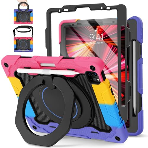 ROISKIN Hülle für iPad Pro 11 Zoll 4./3./2./1. Gen (2022/2021/2020/2018) | For iPad Air 5/4, Stoßfeste Kinder Hülle mit Stifthalter, Bildschirmschutz, Drehbarer Ständer, Schultergurt, Schwarz-Rosa