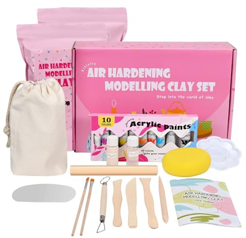 Kit Poterie pour débutants, Argile Autodurcissante sans Cuisson pour Adultes – Cadeaux Créatifs Kit de Bricolage pour la Maison DIY Creative Set Avec Argile Séchant à l'air libre, Outils, Couleurs