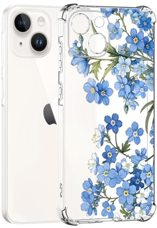 Guxira Clear Floral Case for iPhone 13, Blue Flower | Transparent Soft Silicone, Anti-scratch, Shockproof Bumper, Cute Flexible Flower Protective Cover, for Girls Women