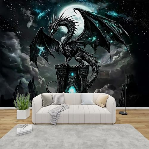 Fototapete Drachen Schlafzimmer, 3D Tapete Kinder Fantasie Tiere, Vliestapete Grün Schwarz, Tapeten Wohnzimmer, Jungen Gothic Wand Deko Kinderzimmer, Wandtapete, Mustertapete Vlies 200x140 cm