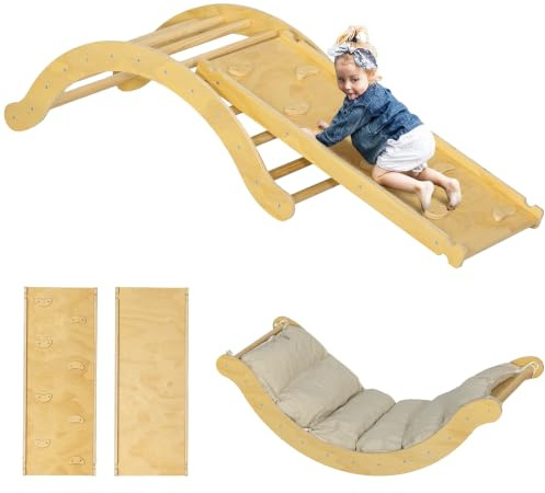 AIYAPLAY 4 en 1 Arche Escalade Enfants 18-48 Mois Charge 50 kg Bois Naturel | Chaise à Bascule avec Coussin, Rampe Double-Face pour Grimper & Glisser, Parcours Motricité Bébé en Bois