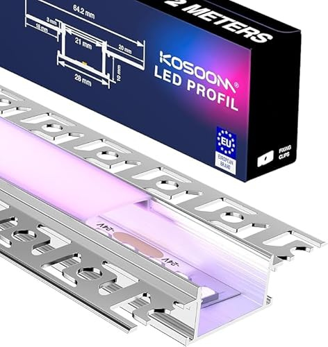 KOSOOM LED Trockenbauprofil 2m x 34 Stück (68m), Aluminium Einbauprofil für LED Streifen bis 20,2 mm, Aluprofil mit Abdeckung für Gipskarton, Wand, Decke, Nische, indirekte Beleuchtung