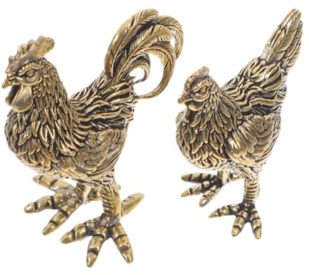 FUTUREORYY Kupfer Hühnerfigur Hahn Und Henne Chinesisches Sternzeichen Ornament Für Wohnzimmer Und Schreibtisch Feng Shui Reichtumsdeko 2 Stück