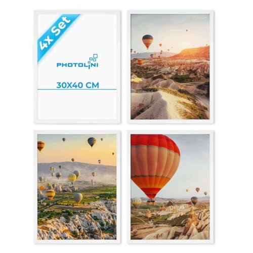 PHOTOLINI Bilderrahmen 30x40 Weiss Holz MDF, 4er Set Bilderrahmen 40x30 cm weiß, bruchsicheres Acrylglas, Rahmen 30 x 40 zum Aufhängen, extra Zubehör - Picture Frame 30x40 für Fotos & Poster