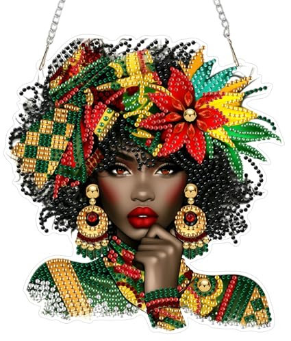 AIRDEA Mujer afro Diamond Painting Colgante Acrílico Doble Cara, Mujer negra Pintura Diamante Colgante Atrapasol Kit Manualidades Adultos, Atrapasol Ventana Diamond Painting