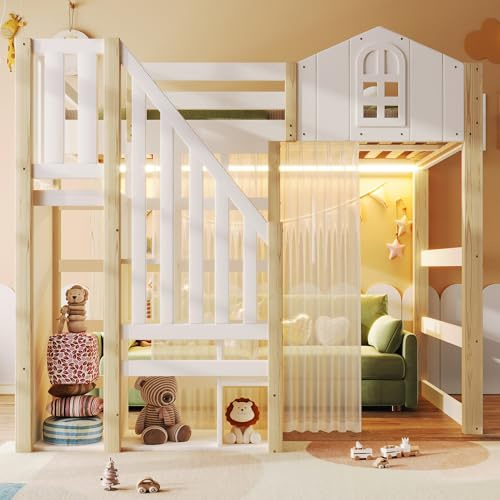 Merax Hochbett Kinder 140×200cm mit LED-Licht, Fensterdesign, Stauraum & Vorhang | Massivholz Weiß+Natur