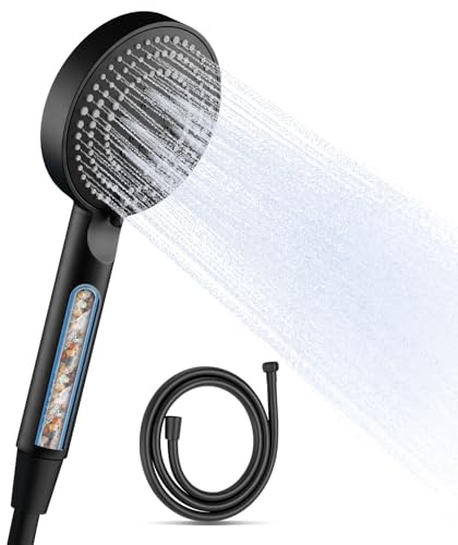 OFFO Duschkopf mit Schlauch 1.6m und Filter, 100 mm Duschbrause mit 6 Strahlarten, Handbrausen Wassersparend, Rundes Design mit Antikalk Funktion, Leicht zu Reinigen, Schwarz