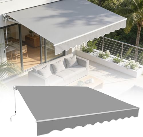 HENGMEI Auvent à bras articulés, 360 x 300 cm, protection solaire, store de terrasse, store escamotable, en aluminium avec manivelle, gris clair