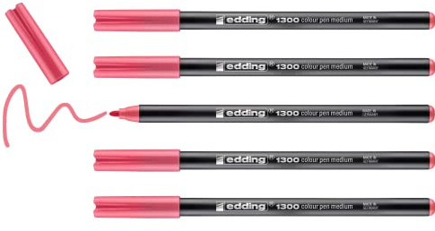 edding 1300 colour pen medium - coral pink - 5 pens - round nib 2 mm - felt pen for drawing and writing - felt pen for school, mandalas, bullet journals