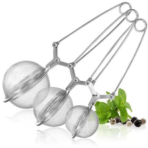 com-four® 3x Teezangen, Teeei in Kugelform aus rostfreiem Edelstahl 304, Teesiebe für losen Tee, Siebzange in 3 Größen für Teeliebhaber (03 Stück - Mix)