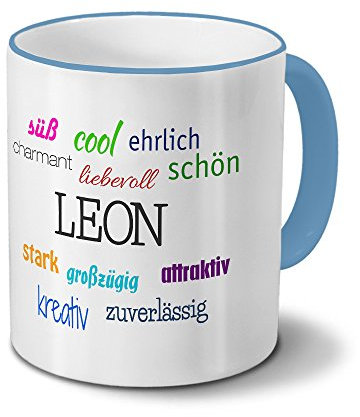 printplanet Tasse mit Namen Leon - Positive Eigenschaften von Leon - Namenstasse, Kaffeebecher, Mug, Becher, Kaffeetasse - Farbe Hellblau