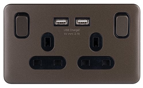 Schneider Electric Lisse Screwless Deco 13A Sw SO SP w/ 2USB BMB, Mocha Bronze, 2 Gangs