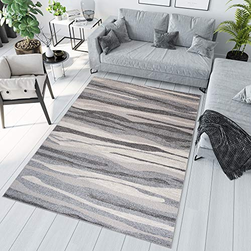 TAPISO Sari Teppich Wohnzimmer Kurzflor Modern Grau Creme Streifen Wellen Design Meliert Verwischt Schlafzimmer ÖKOTEX 300 x 400 cm
