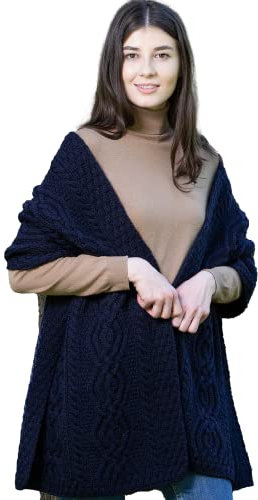 SAOL Klassische Warme Irische Aran Cable Umschlagtücher für Damen aus 100% Merinowolle (Marine)