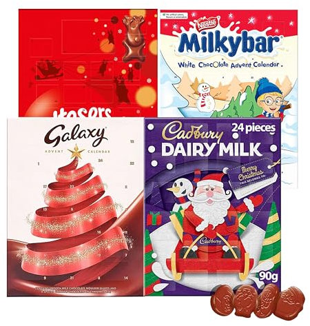 Chocolate Adventskalender 2024 für Kinder – 4 verschiedene 24 Tage Weihnachts-Countdown Milch- und Weiß-Chocolate Kinder-Adventskalender für Weihnachtsstrumpffüller, Wichtelgeschenke mit Topline-Karte