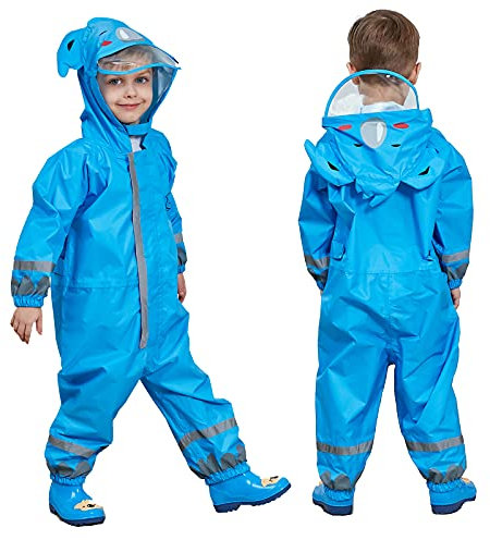 FILOWA Raincoat Kids Hooded Child Puddle Suit All in One Waterproof Rainsuit Lightweight Portable Blue Rainwear Breathable PVC Transparent Hat Brim Zipper Muddy Suit Unisex 3-5 Years
