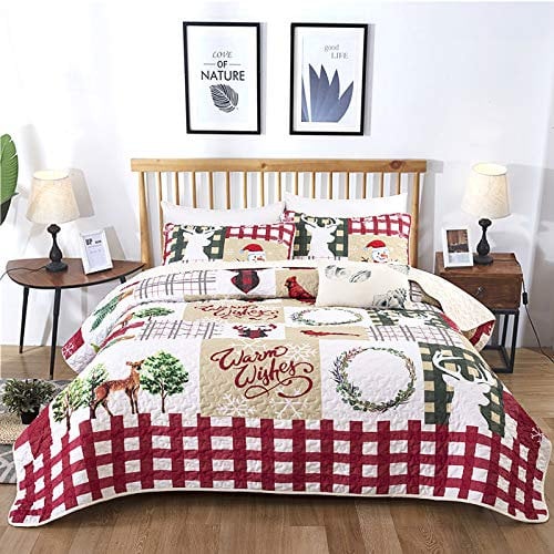 WONGS BEDDING Tagesdecke 220x240 Bettüberwurf Steppdecke Doppelbett gesteppt Mikrofaser 3 teilig Weihnachts Tagesdecke Bettdecke Stepp Decke mit 2 Kissenbezüge 50x75, Weiß